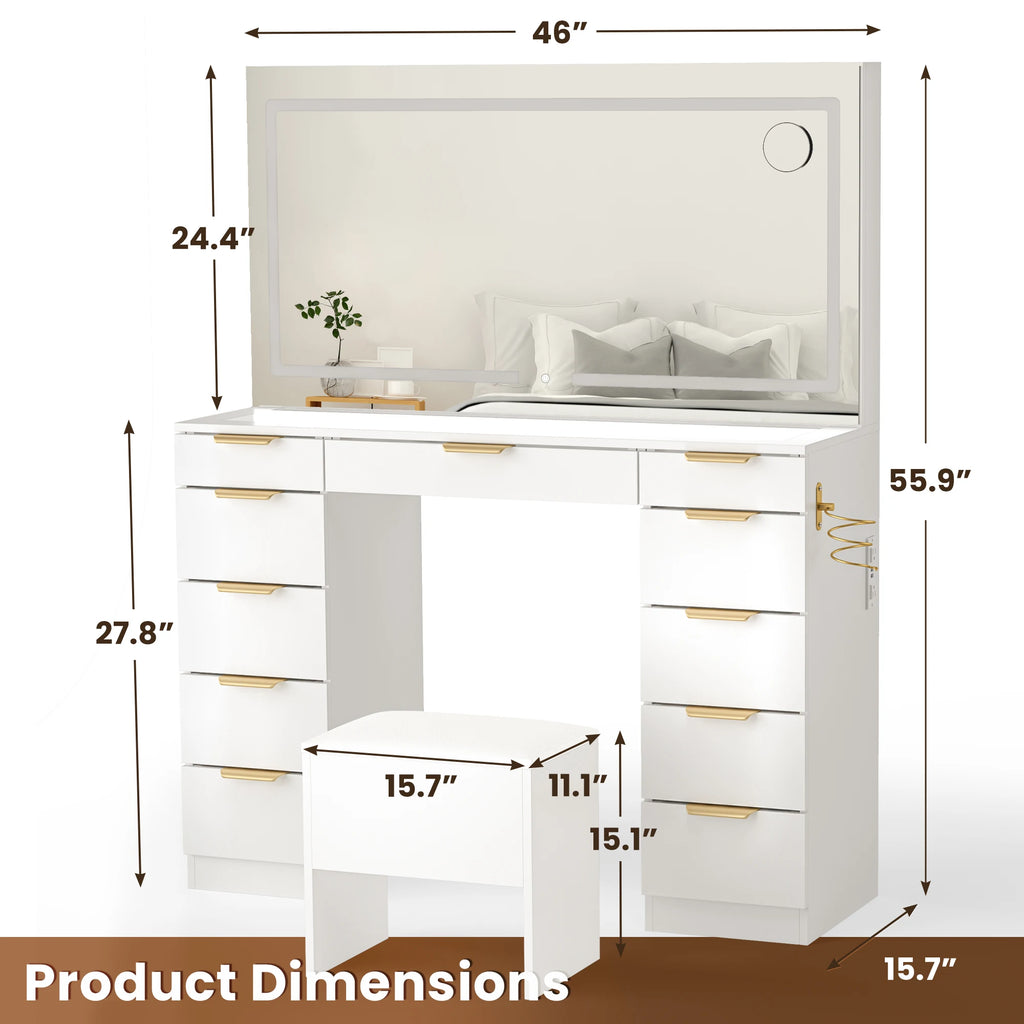 11 Drawers Vanity Desk with Golden Handles, Upgraded Silent Slides Vanity Mirror with Lights, 3 Lighting Modes Glass Top Makeup