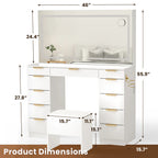 11 Drawers Vanity Desk with Golden Handles, Upgraded Silent Slides Vanity Mirror with Lights, 3 Lighting Modes Glass Top Makeup