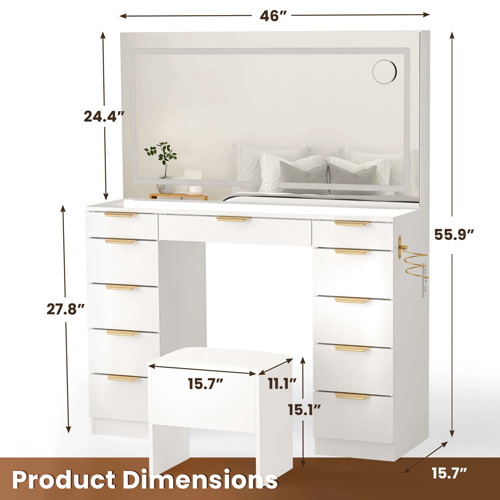 11 Drawers Vanity Desk with Golden Handles, Upgraded Silent Slides Vanity Mirror with Lights, 3 Lighting Modes Glass Top Makeup