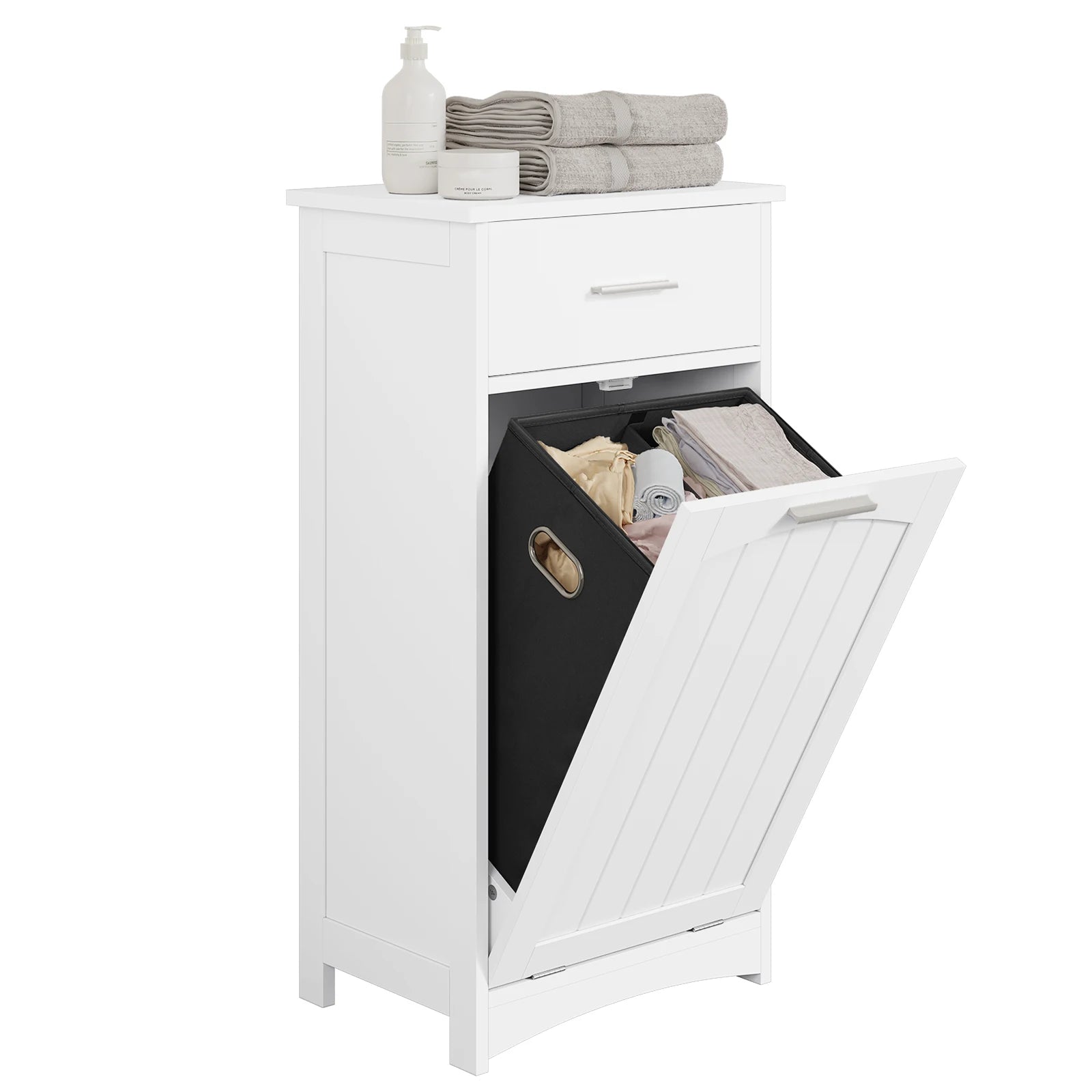 White Bathroom Cabinet with Fold-out Laundry Basket 42x82x30cm Slim Clothes Cupboard  Sundries Toilet Storage Racks