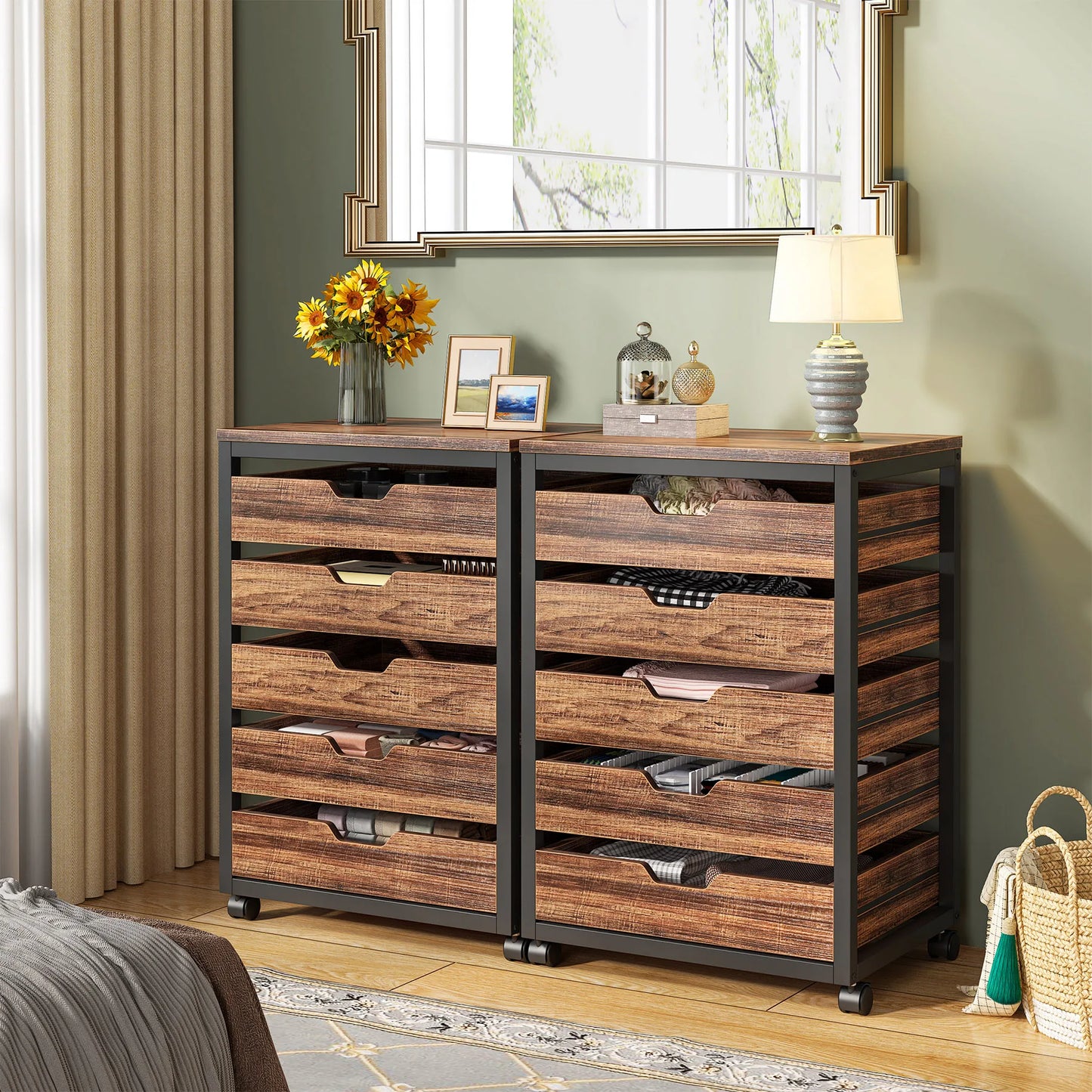 Tribesigns 5-Drawer File Cabinet, Wood Mobile Storage Drawer Unit, Industrial Office Cabinet with Drawers & Wheels