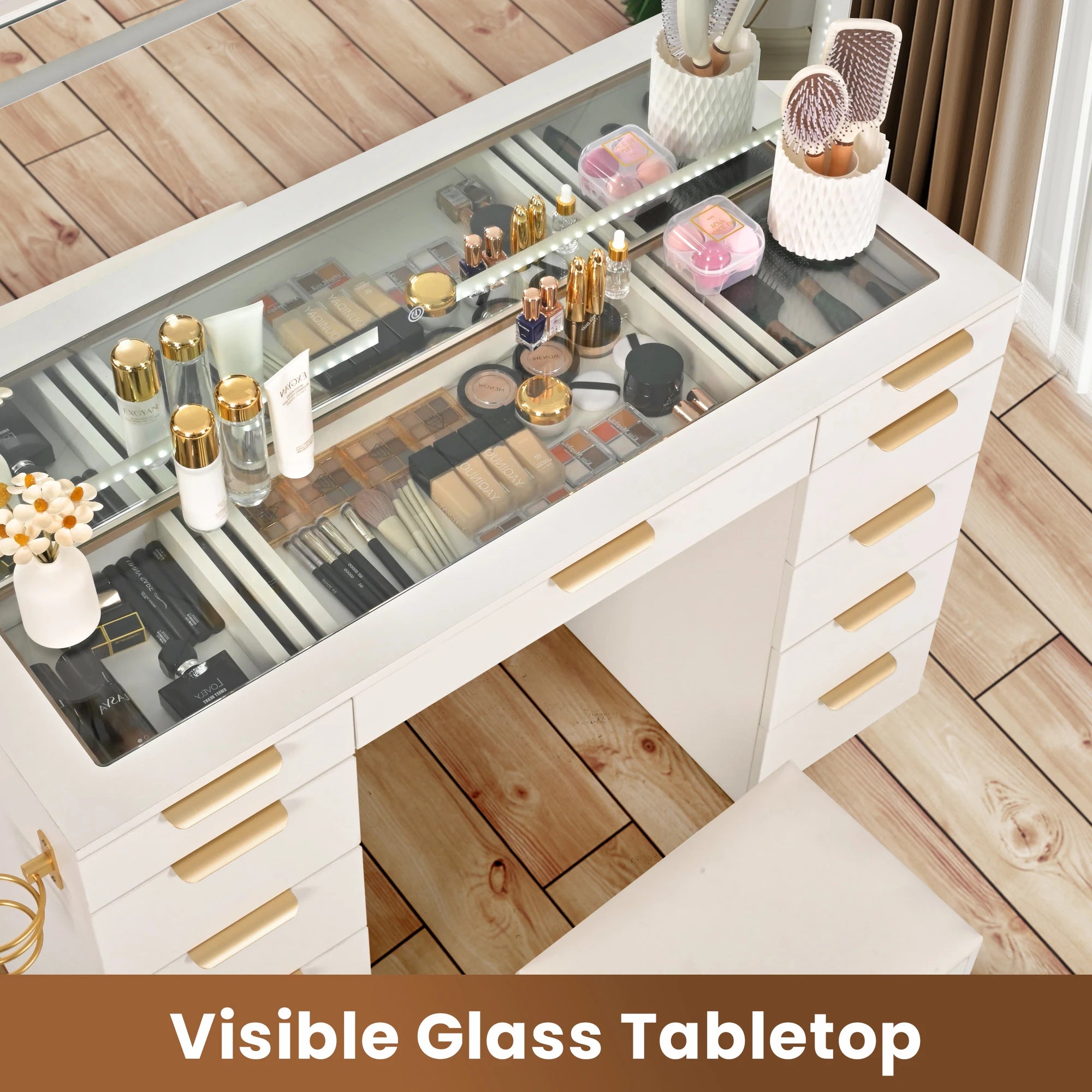 11 Drawers Vanity Desk with Golden Handles, Upgraded Silent Slides Vanity Mirror with Lights, 3 Lighting Modes Glass Top Makeup