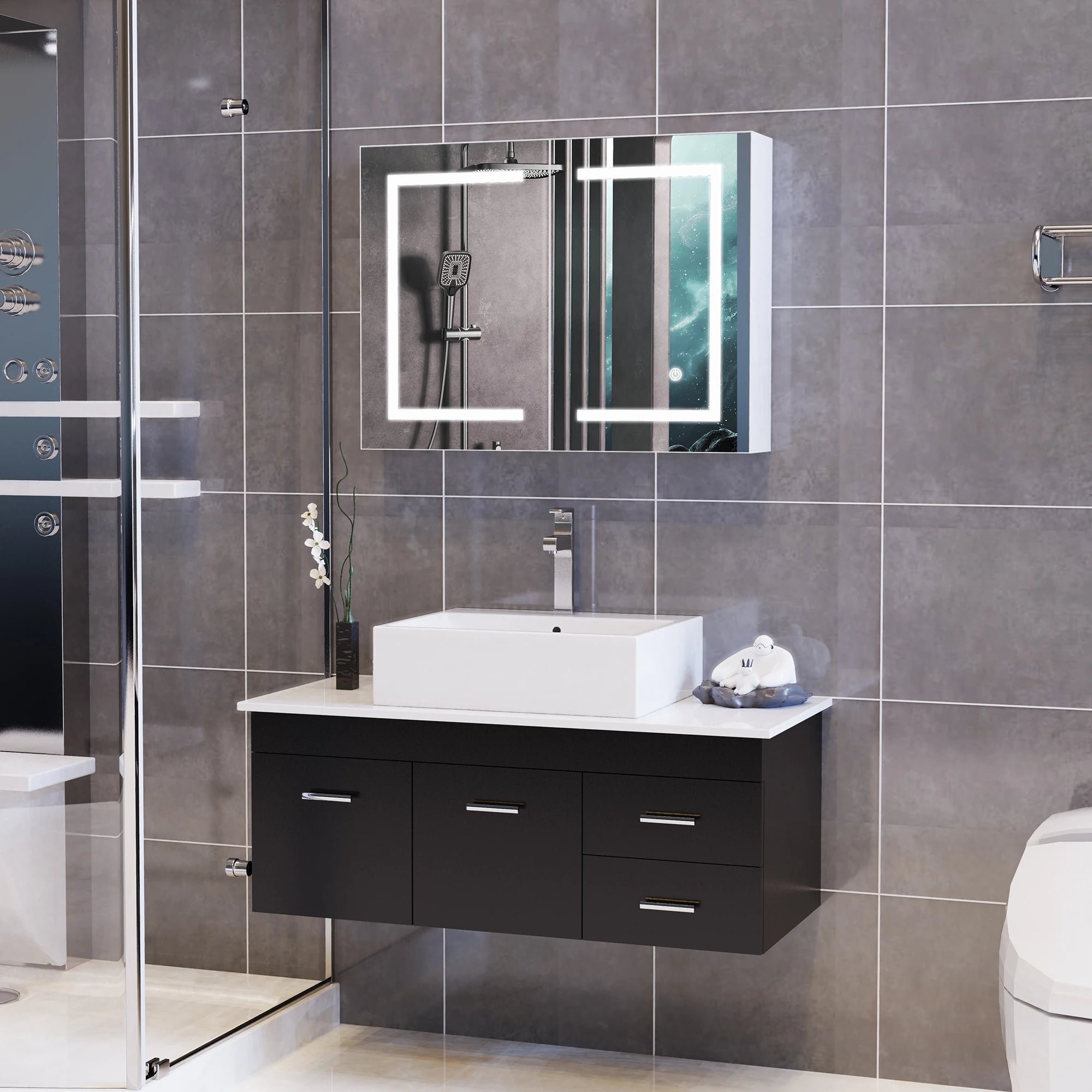 Rosahqnda anti-fog bathroom mirror cabinet with LED lighting, height adjustable shelves, 3 color temperature dimmable
