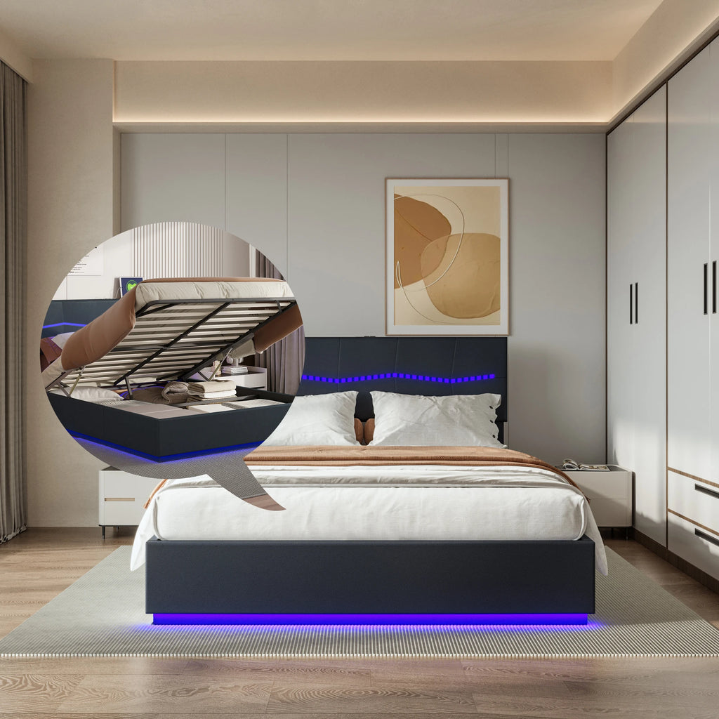 Wooden Aura 140/160/180x200cm Upholstered bed Double Bed Hydraulic Functional bed PU Height Adjustable Headboard