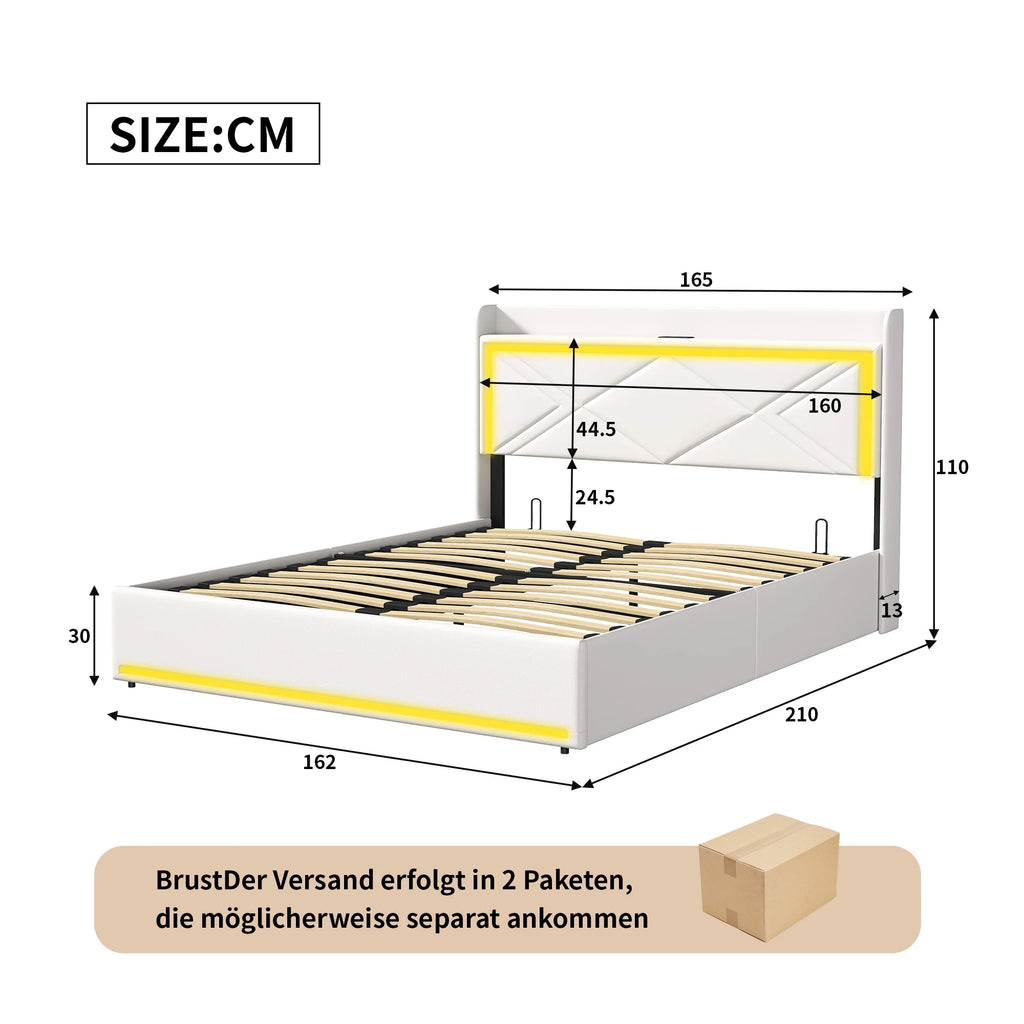 Comanlai Upholstered Bed, 160 x 200 cm, with LED and USB, Hydraulic Storage Bed,with Storage Space and Slatted Frame, PU,White