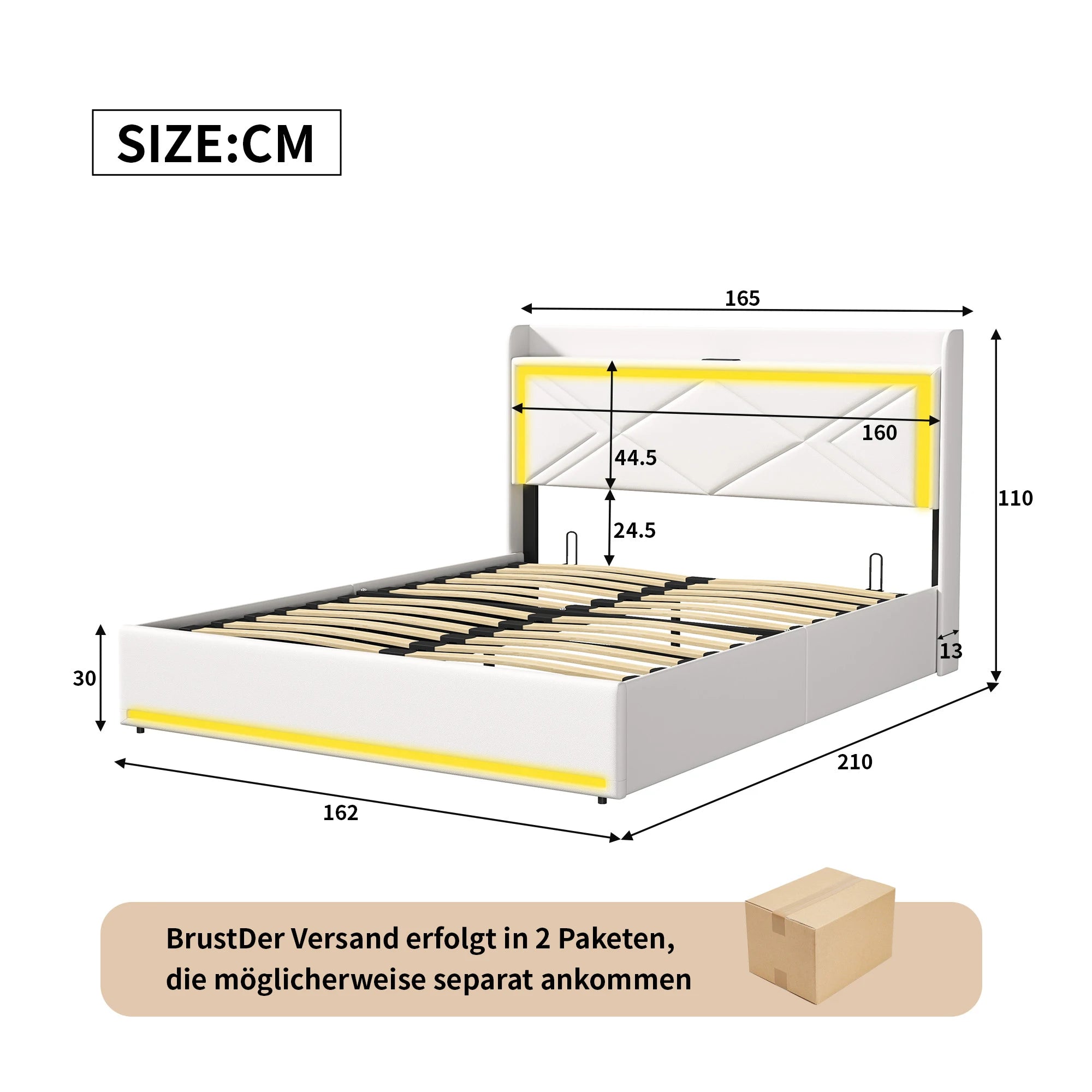 Comanlai Upholstered Bed, 160 x 200 cm, with LED and USB, Hydraulic Storage Bed,with Storage Space and Slatted Frame, PU,White