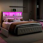 Upholstered bed frame, full/queen/King, double bed with four drawers, headboard with storage compartment, without mattress