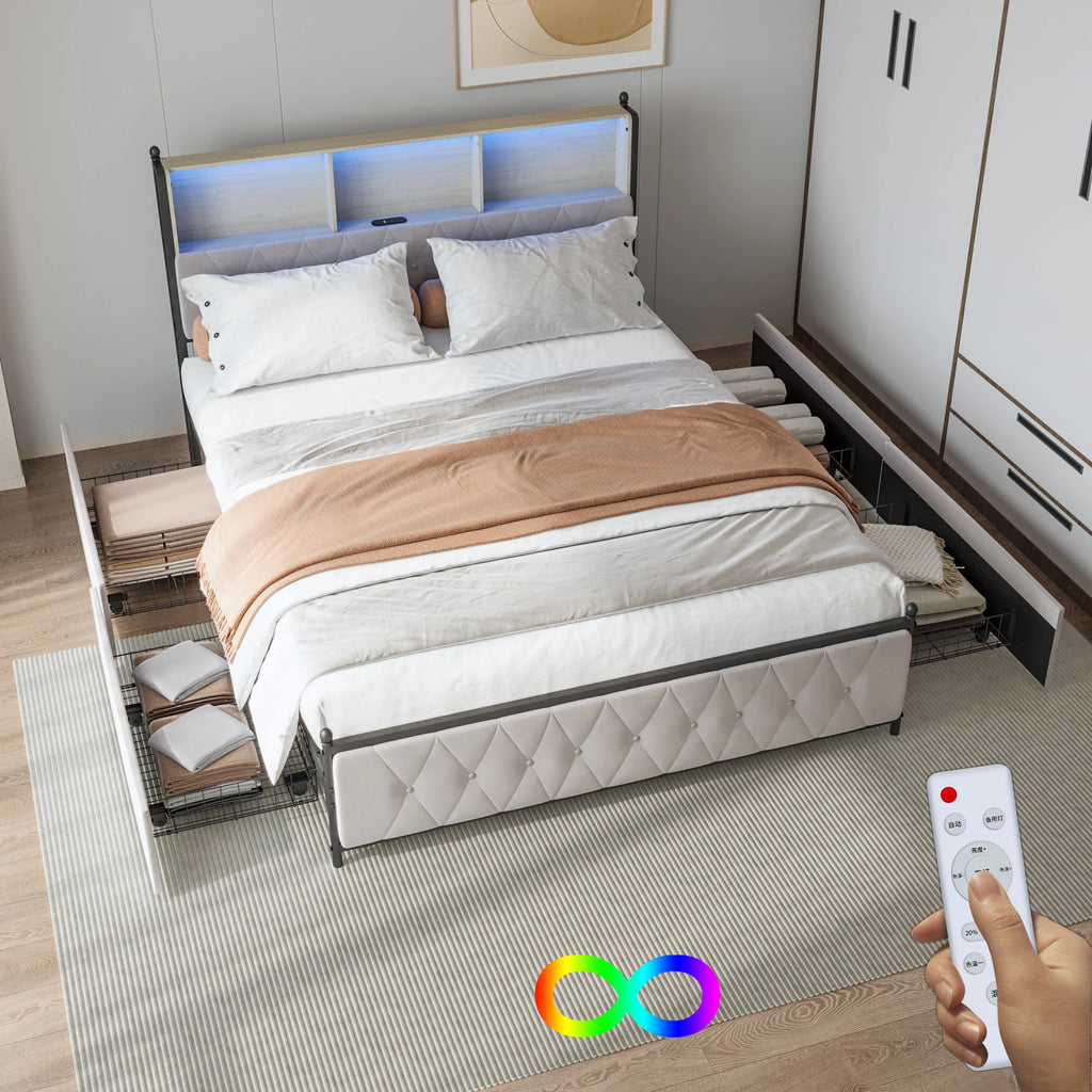 Upholstered bed frame, full/queen/King, double bed with four drawers, headboard with storage compartment, without mattress