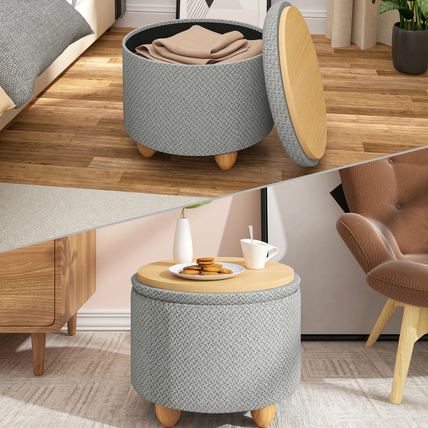 WOLTU Storage Pouf Upholstered Stool with Lid Ottoman Foldable Pouf with Pine Legs Space Saving for Living Room Bedroom Home