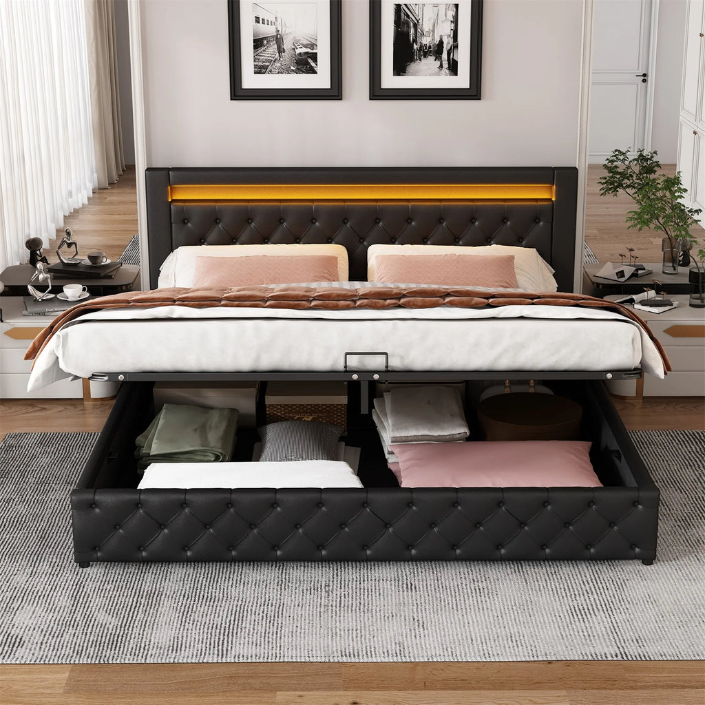 Adult chest bed 180x200 cm, double bed with slatted box and LED lighting, PU bed headboard PU, Black