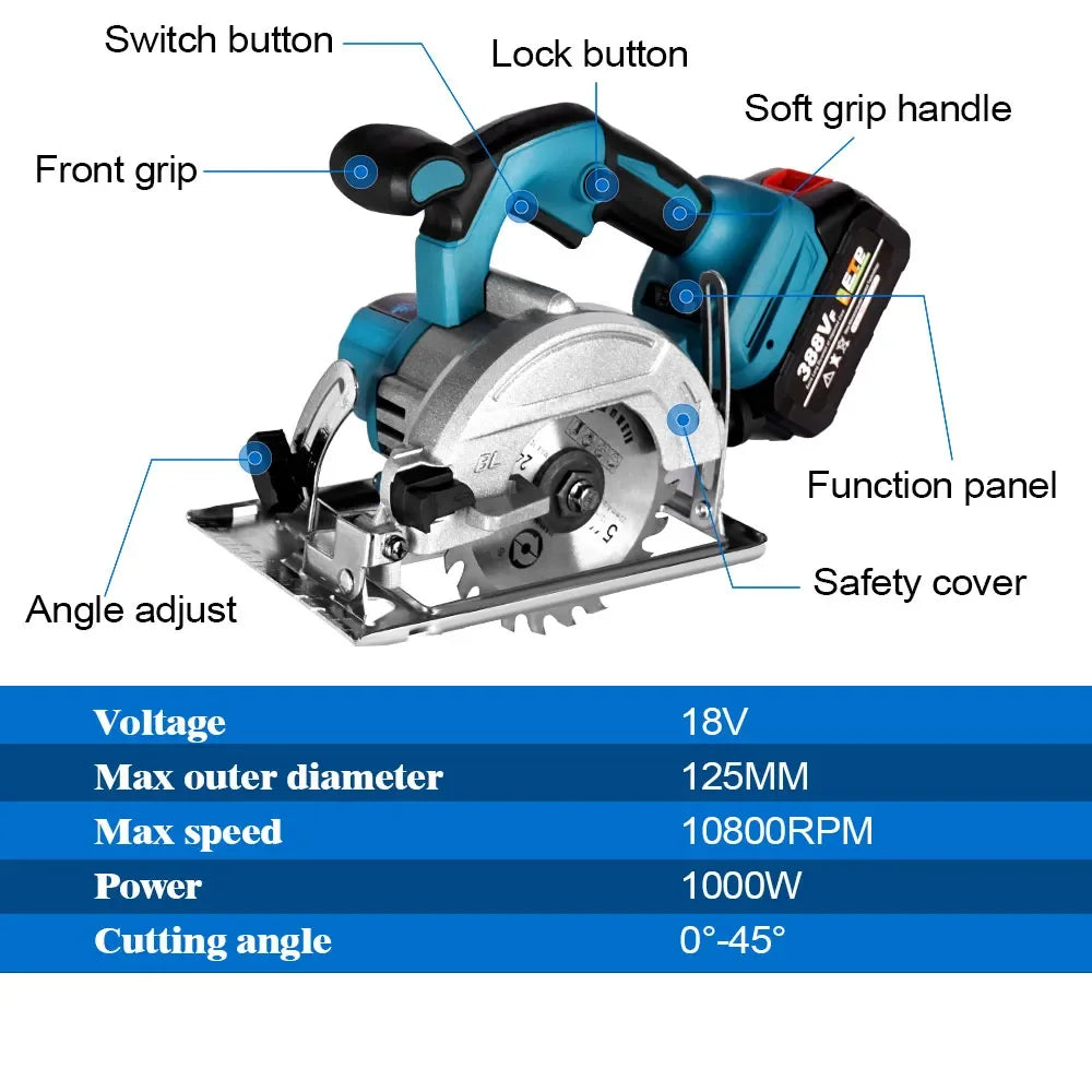 10800rpm 125mm Brushless Mini Electric Circular Saw Cordless Adjustbale Angle Woodworking Power Garden Tool For Makita 18vbattey
