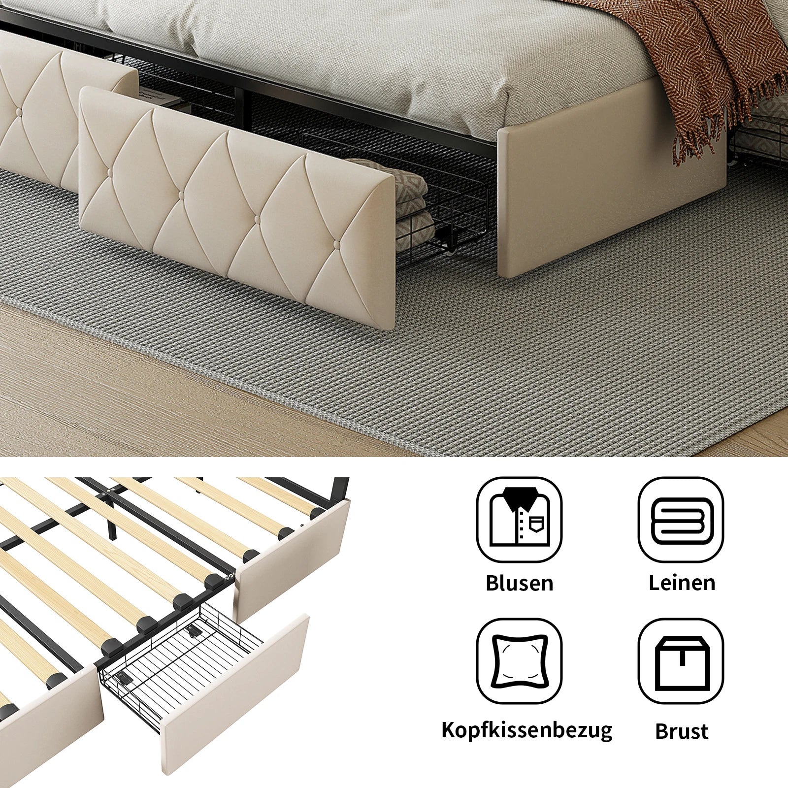 Rosahqnda Modern Faux Leather bed with Drawers, Stylish Faux Leather Double Bed Rher with Storage, Without Mattress