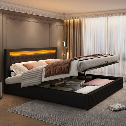 Adult chest bed 180x200 cm, double bed with slatted box and LED lighting, PU bed headboard PU, Black