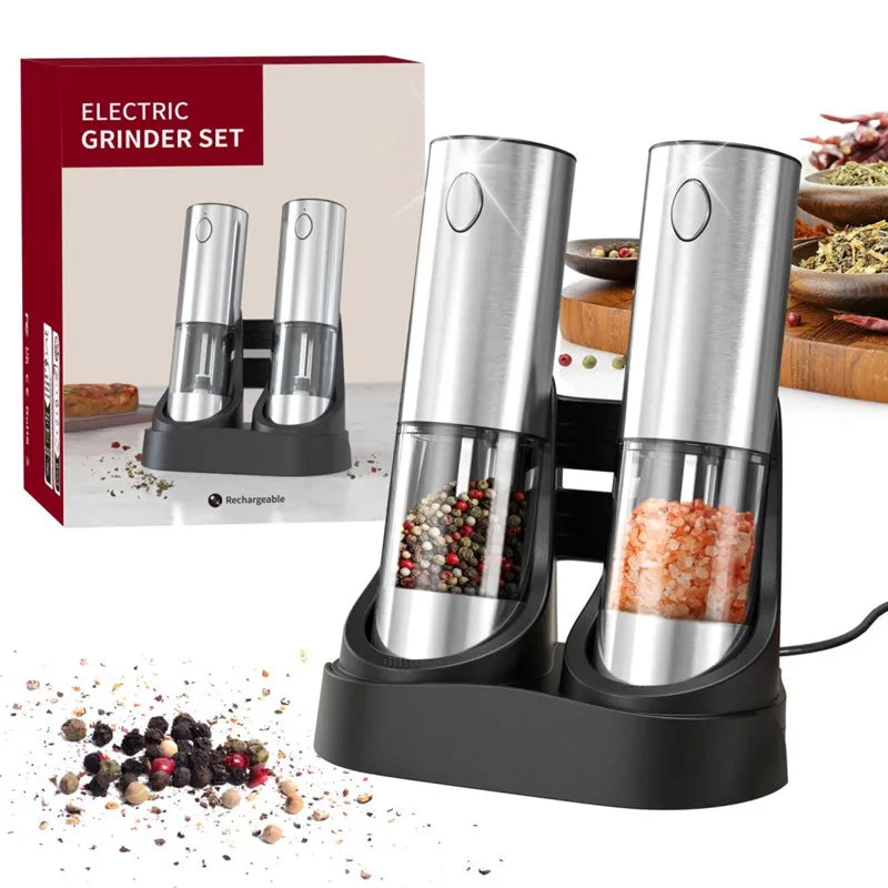 Electric Salt and Pepper Grinder Set USB Rechargeable Eletric Pepper Mill Shakers Automatic Spice Steel Machine Kitchen Tool