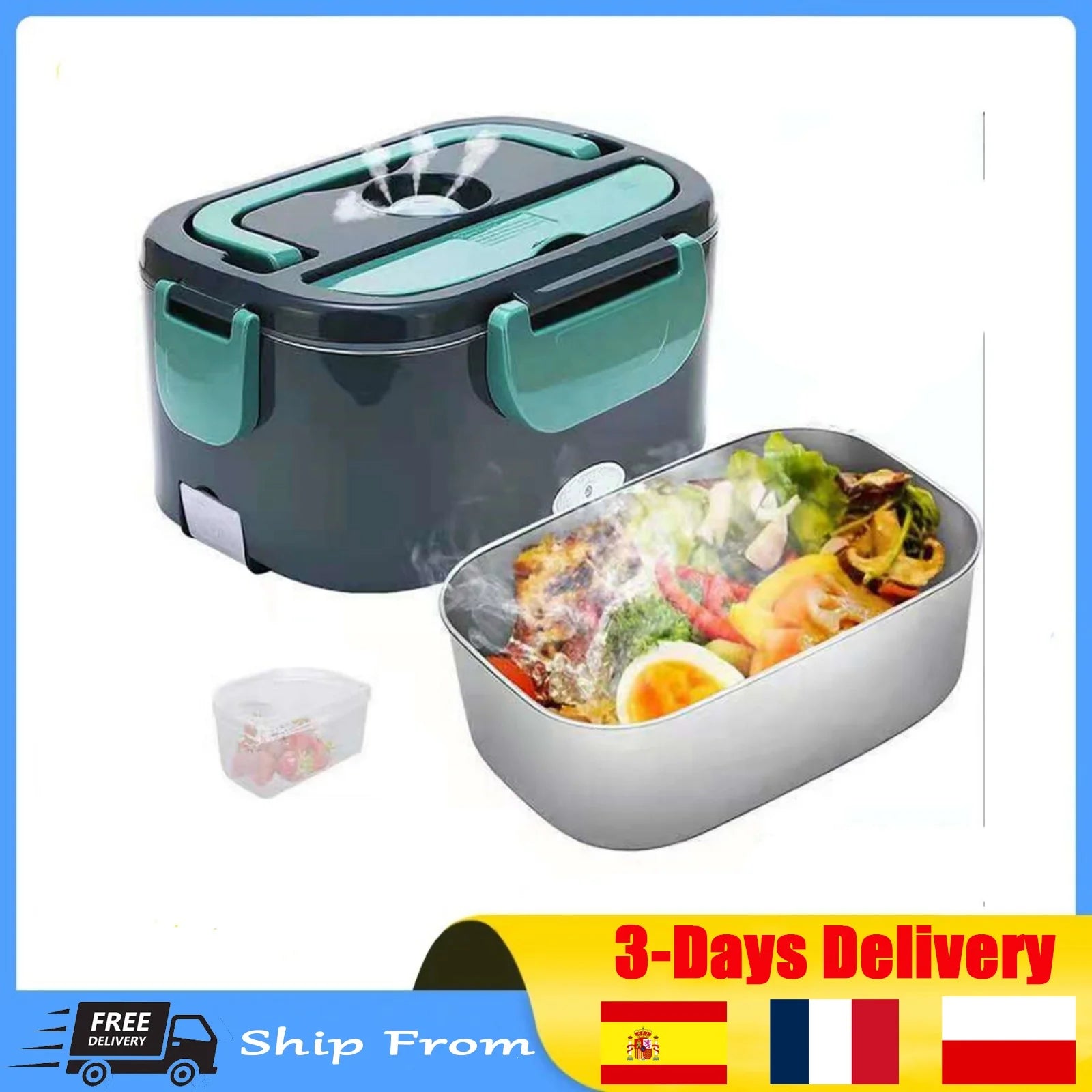 60W 2-in-1 Electric Lunch Box & Stainless Steel Food Container, 12V/24V/110V/220V Multi-Voltage Portable Heater for Car/Home
