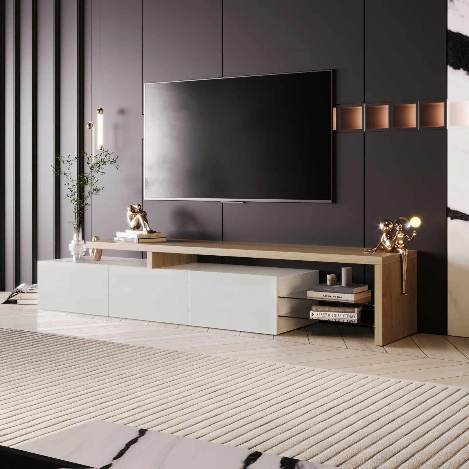 Rosahqnda TV Cabinet for Living Room,TV Lowboard,Sideboard, with LED,2 Glass Partition,3 Drawers,White High Gloss