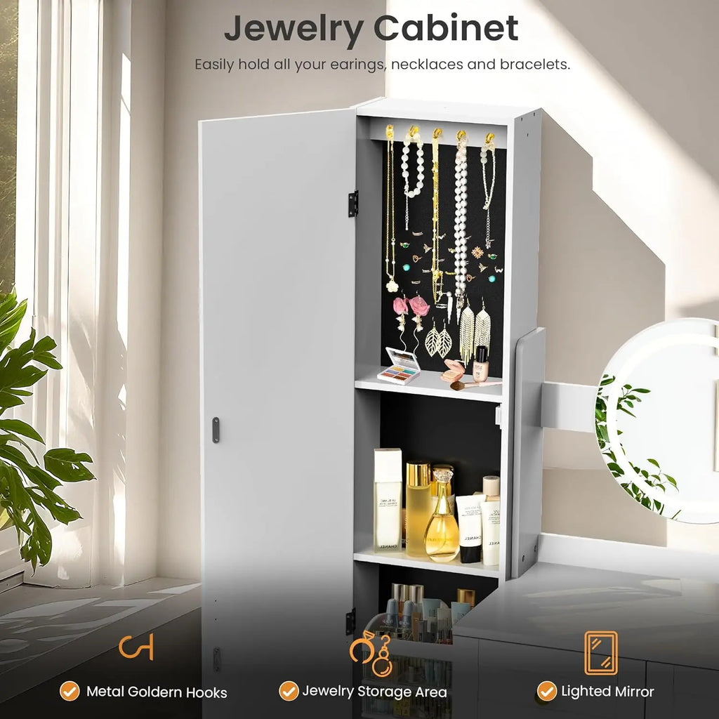Full-Length Vanity Desk with Mirror and Lights, Golden Handles Makeup Vanity with 6 Drawers and 7 Compartments, 3 Lighting Modes