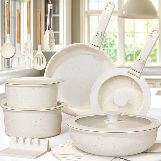 Astercook 21-Piece Non-Stick Ceramic Cookware Set with Sensor Handles, Milky White Pots and Pans Set