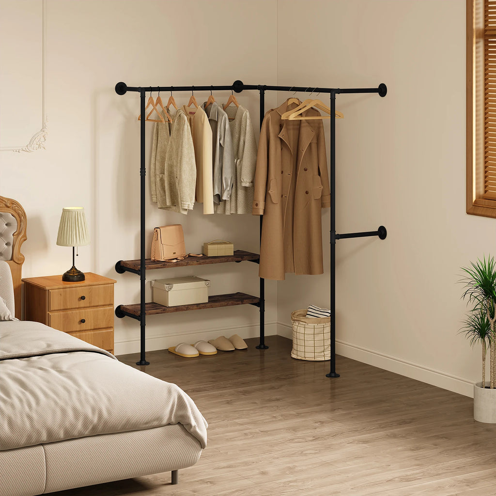 WOLTU Wall-Mounted Clothes Rack Hanger Steel Tube Coat Rack 2 Shelves Industrial Vintage Wardrobe for Bedroom Cloakroom Home