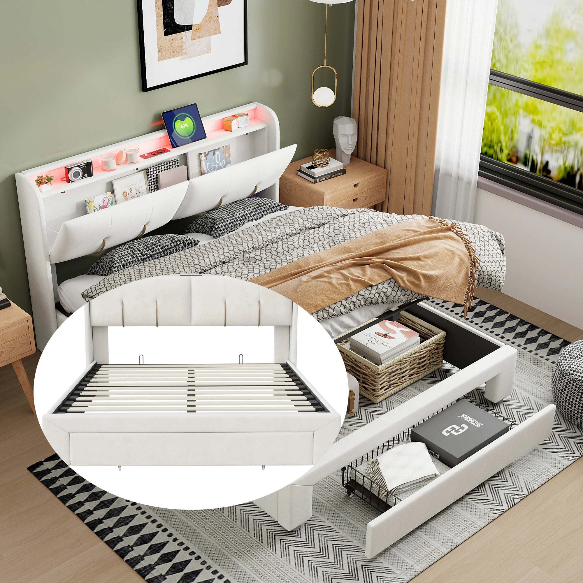 Wooden Aura 160*200cm Double Bed storage Bed with USB Charging and LED Lighting Linen model Grey No Mattress