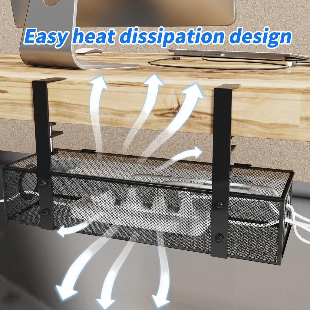 Under Desk Box Tray BLACK, 1 Pack - Wire Management & Cord Organizer, Clamp Mount