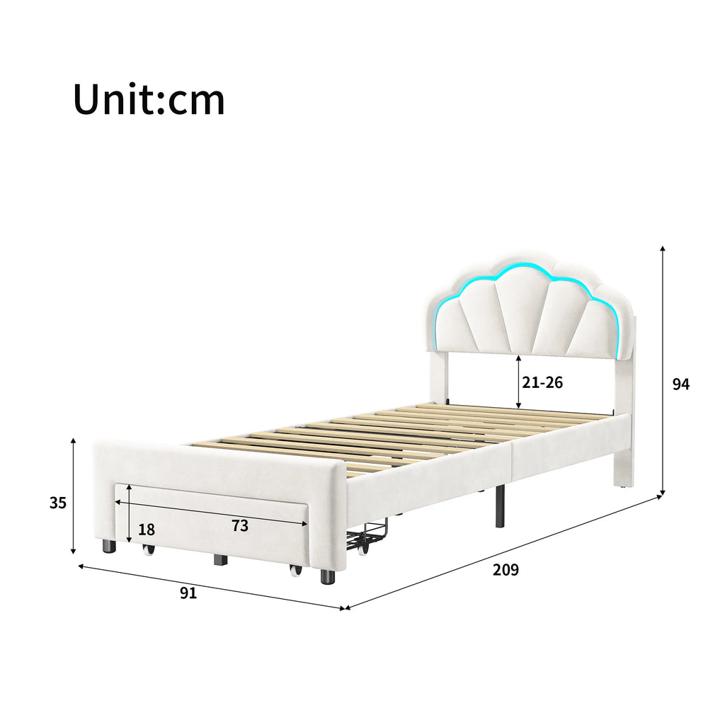 Rosahqnda upholstered bed frame with flower-shaped headboard, bed frame, single bed, petal bed, teen bed
