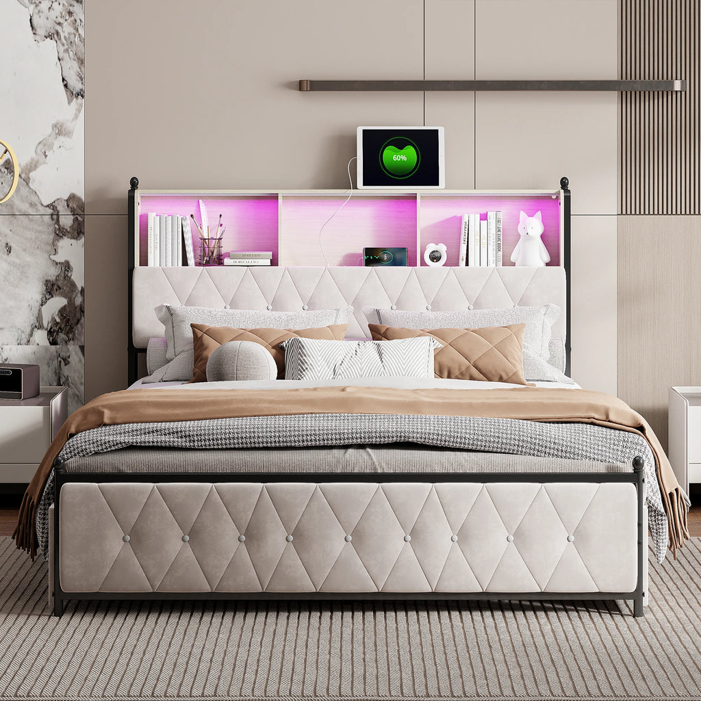 Upholstered bed frame, full/queen/King, double bed with four drawers, headboard with storage compartment, without mattress