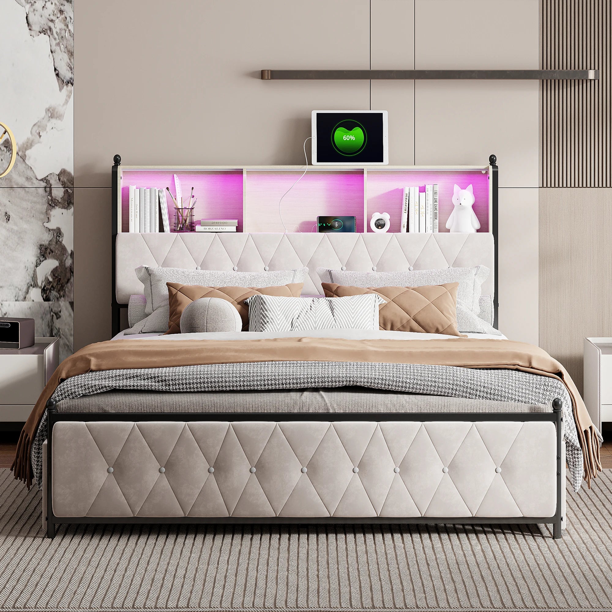 Upholstered bed frame, full/queen/King, double bed with four drawers, headboard with storage compartment, without mattress