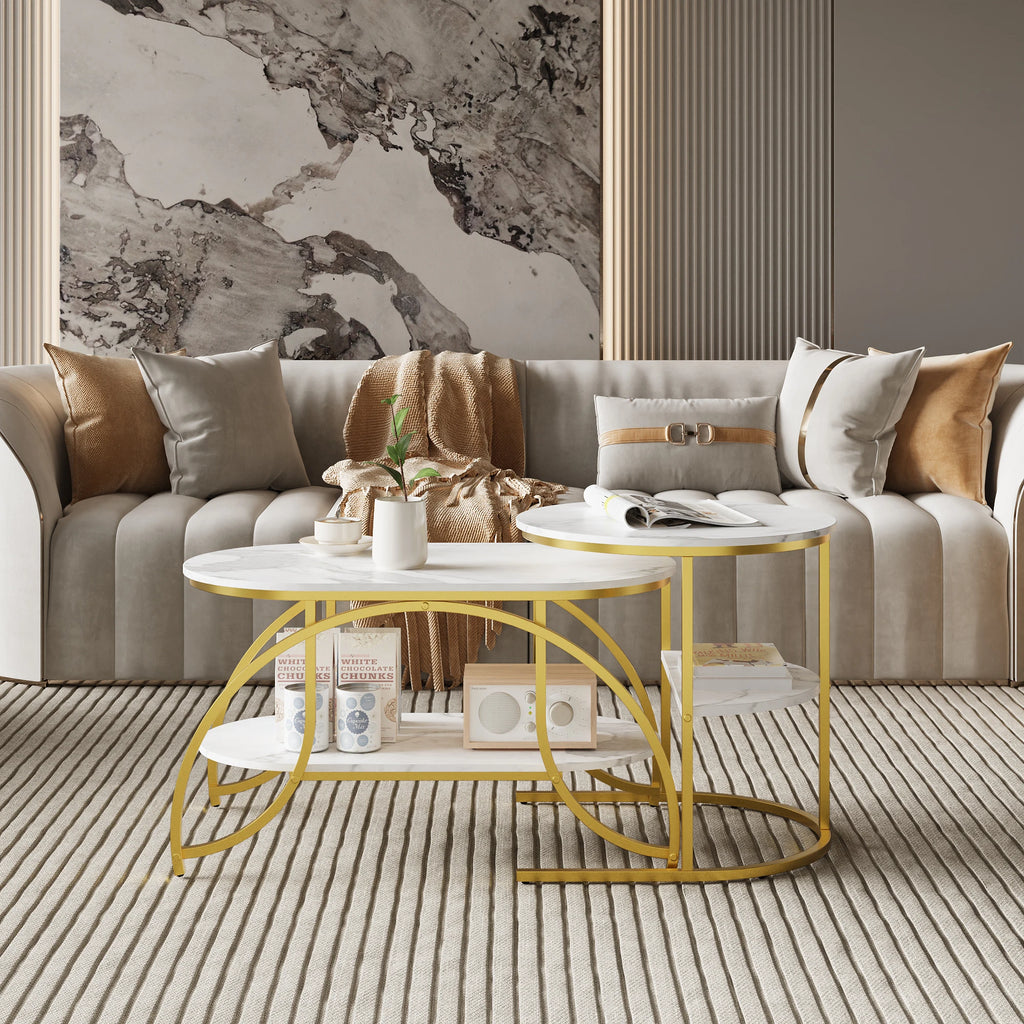 Anajqaqia Round Coffee Table set of 2, Modern Sofa Table, Side Table with Metal Frame, Marble Texture Design, for Living Room