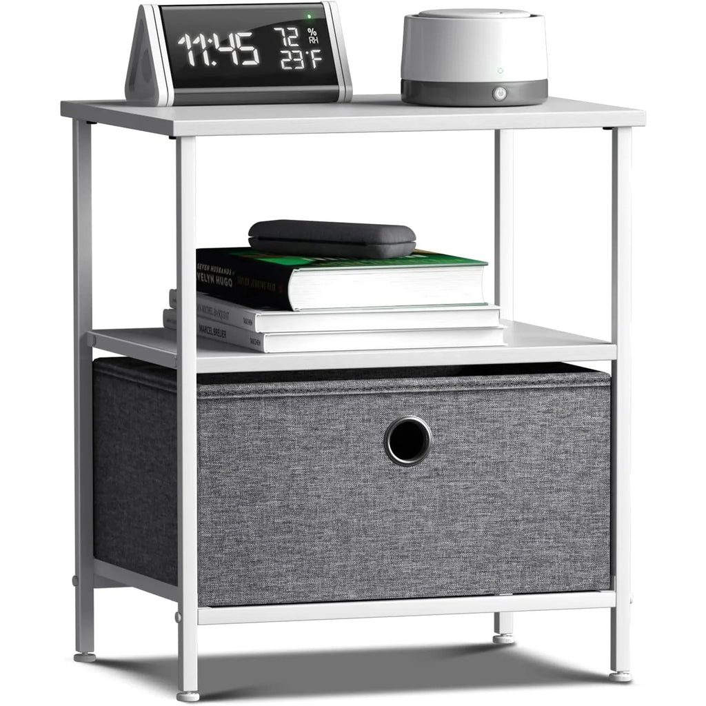 Nightstand 1-Drawer Shelf Storage - Bedside Furniture & End Table Chest Dresser with Steel Frame, Wood Top & Easy Pull Fabric Bi