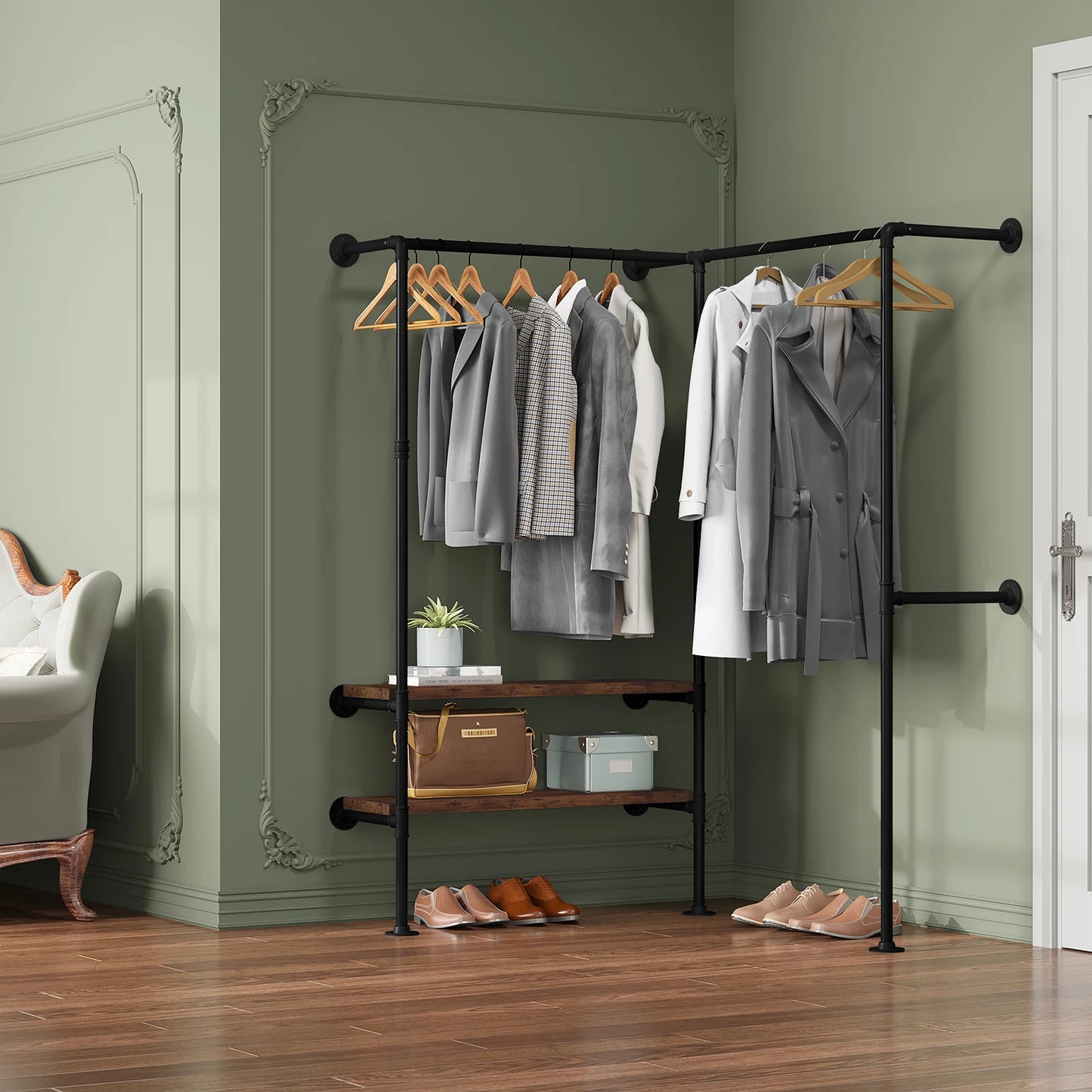 WOLTU Wall-Mounted Clothes Rack Hanger Steel Tube Coat Rack 2 Shelves Industrial Vintage Wardrobe for Bedroom Cloakroom Home