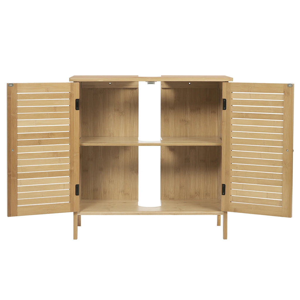 Bamboo Bathroom Cabinet with 2 Doors 60x30x60cm Under Sink Storage Cupboard Organizer for Living Room Bedroom