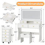 Vanity Desk with Upgraded Silent Slides, 3-Piece Makeup Vanity with Movable Storage Cabinet, Golden Handles 8 Drawers and 3 Ligh