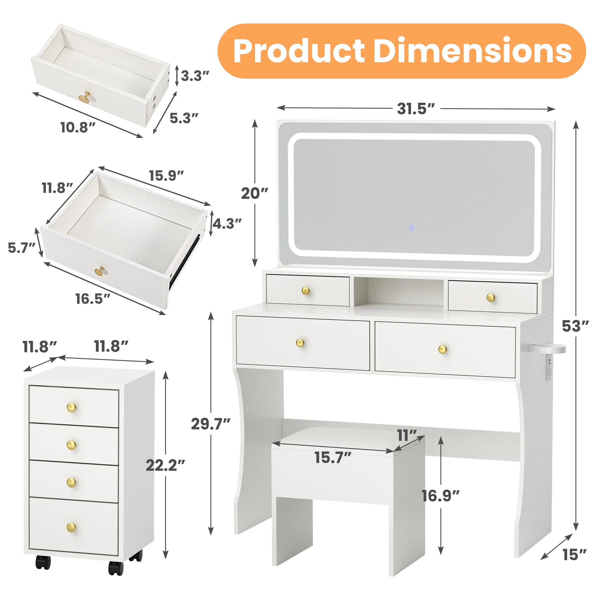 Vanity Desk with Upgraded Silent Slides, 3-Piece Makeup Vanity with Movable Storage Cabinet, Golden Handles 8 Drawers and 3 Ligh
