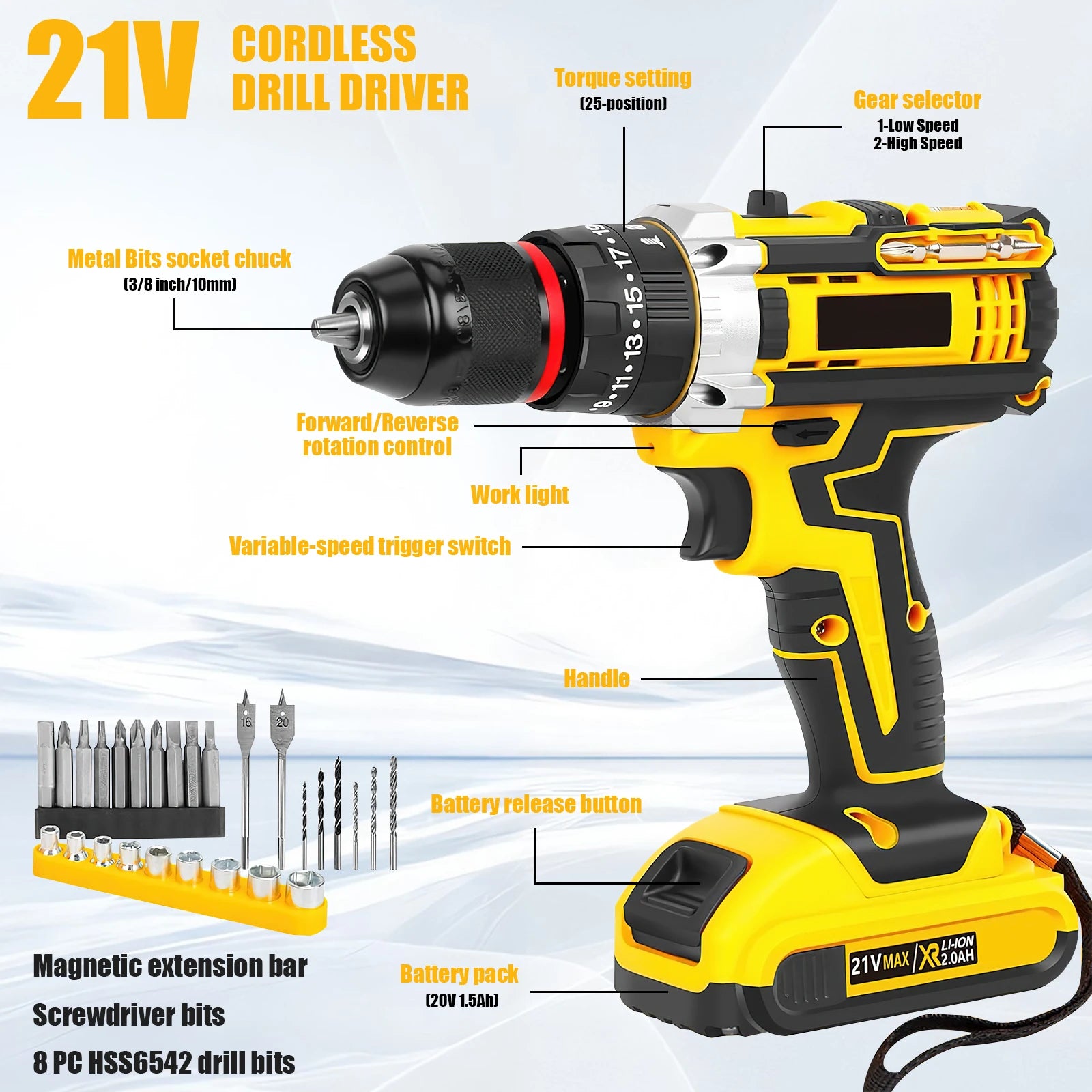 21V Cordless Drill Electric Screwdriver Electric Impact Drill Mini Wireless Power Driver DC Lithium-Ion Battery Power Tools
