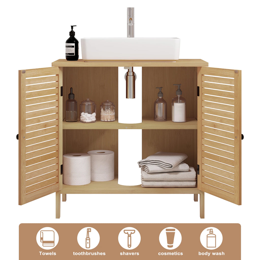 Bamboo Bathroom Cabinet with 2 Doors 60x30x60cm Under Sink Storage Cupboard Organizer for Living Room Bedroom
