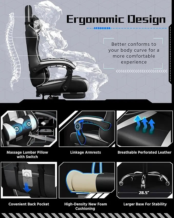 Ergonomic Gaming Chair w/ Massage Lumbar & Footrest - Height-Adjustable, Black/White | AlluCanFind