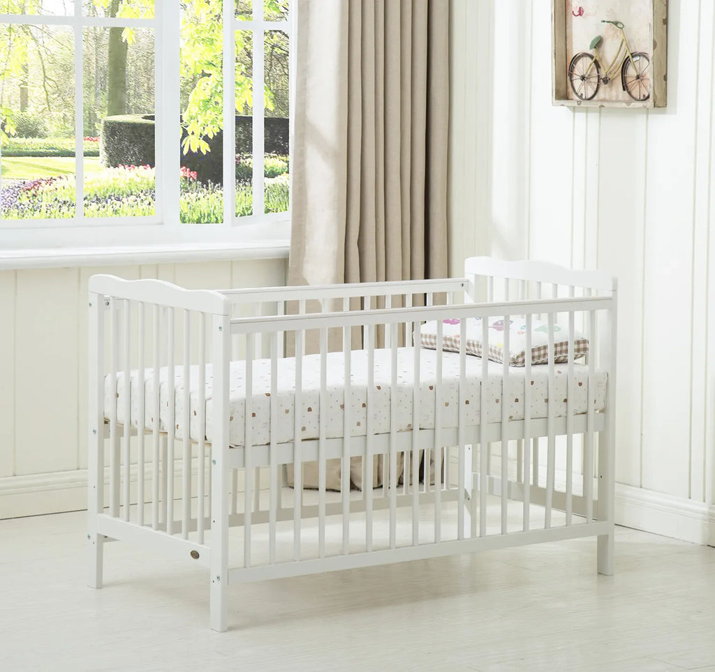 mcc direct Brooklyn Baby Cot Crib With Water repellent Mattress and Safety Wooden Barrier (125 x 66 cm)