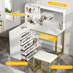 Large dressing table with adjustable LED lighting, dressing table with mirror, 5 drawers, 4 open shelves for bedroom