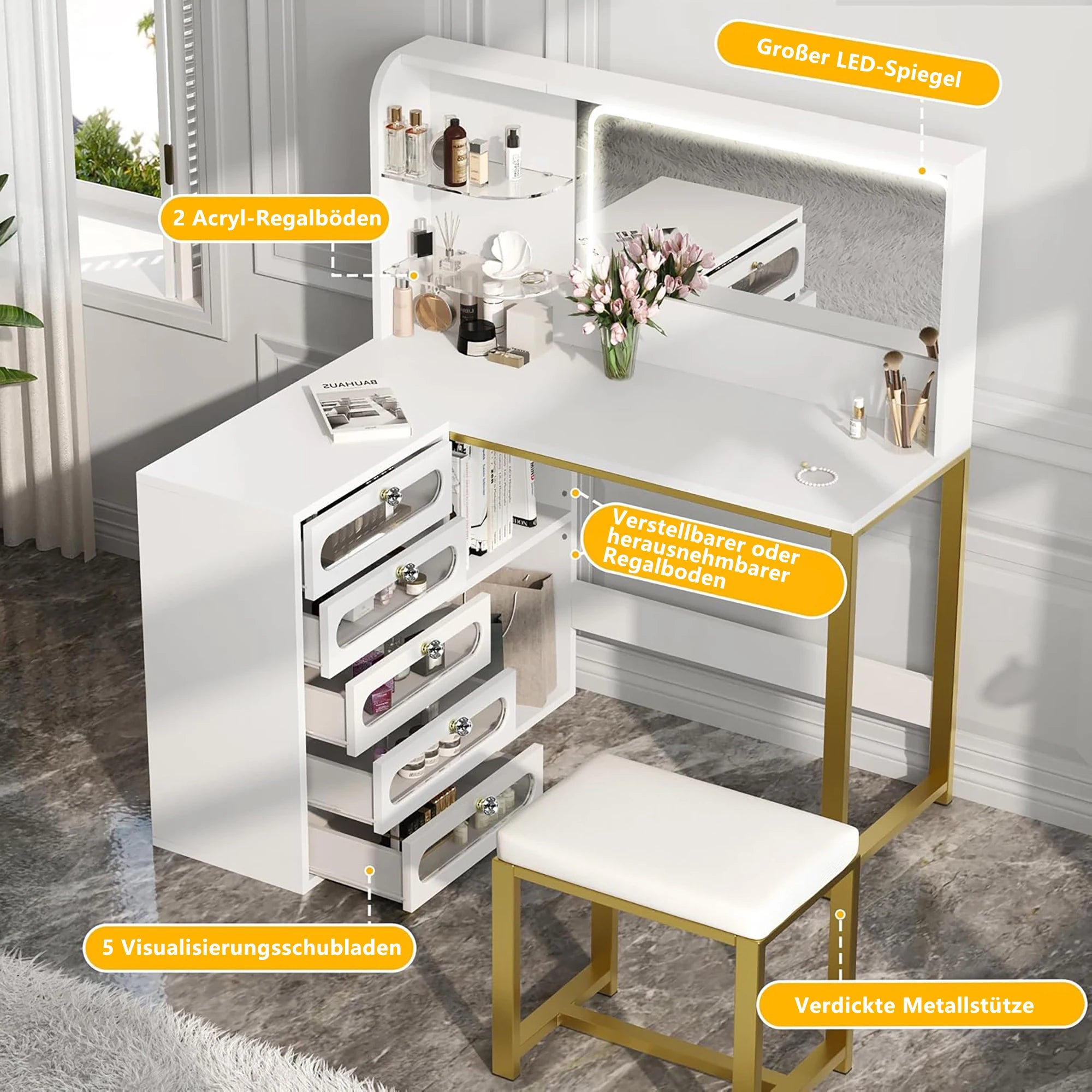 Large dressing table with adjustable LED lighting, dressing table with mirror, 5 drawers, 4 open shelves for bedroom