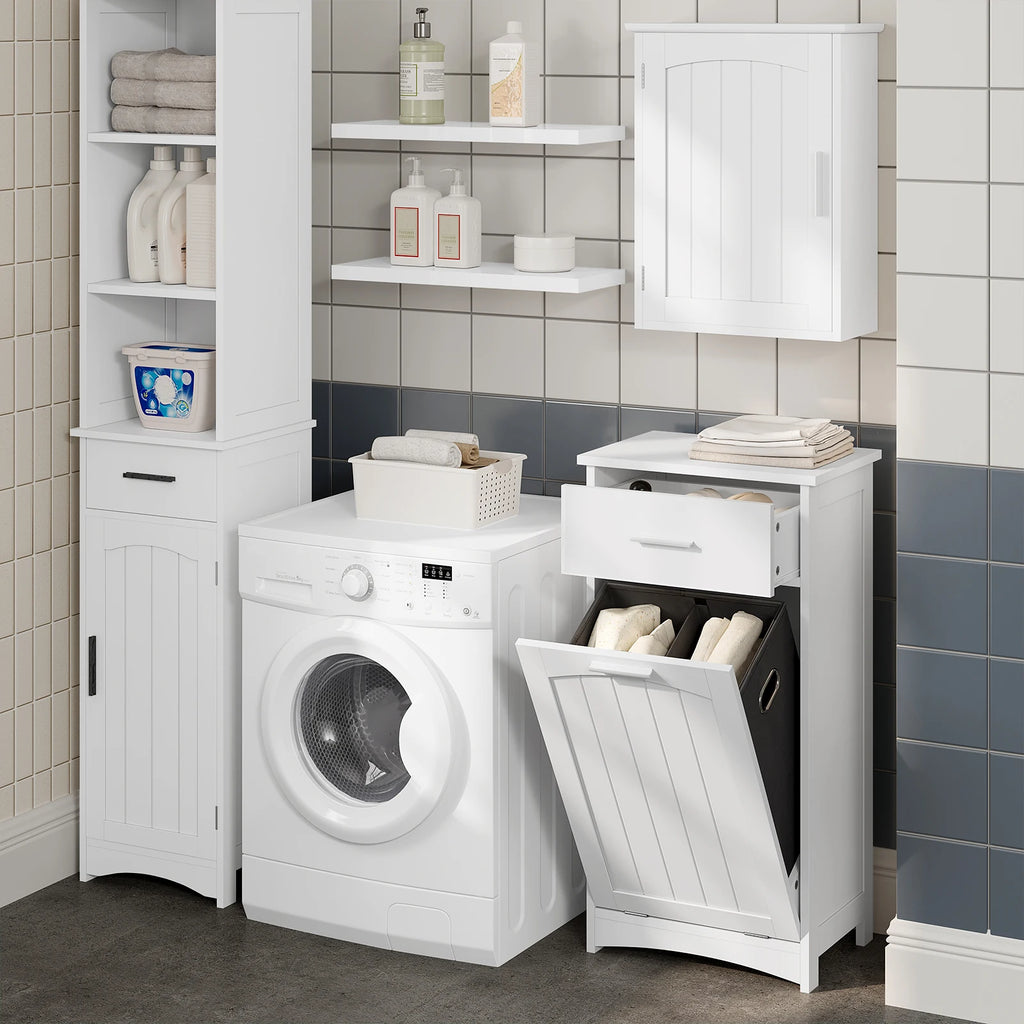 White Bathroom Cabinet with Fold-out Laundry Basket 42x82x30cm Slim Clothes Cupboard  Sundries Toilet Storage Racks