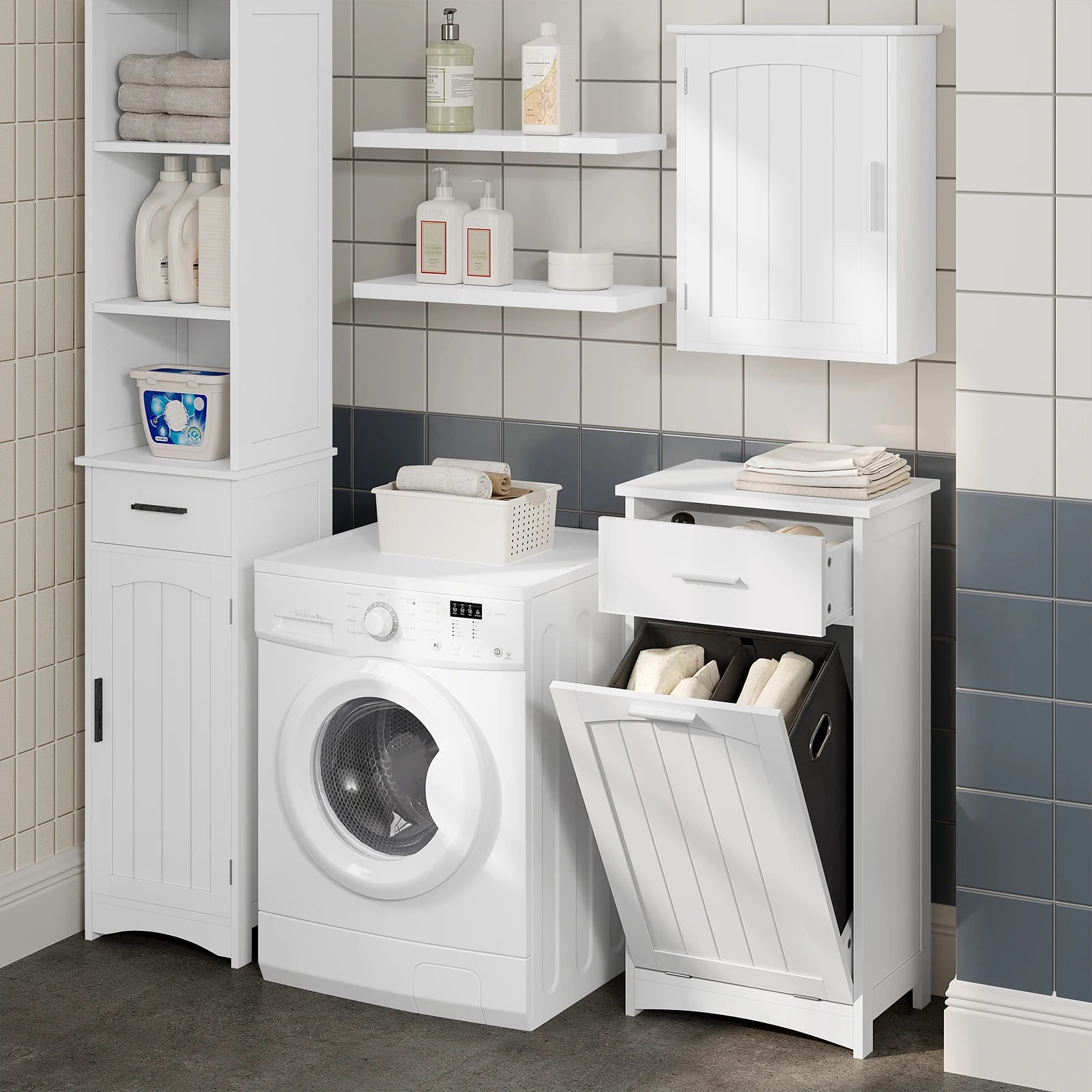 White Bathroom Cabinet with Fold-out Laundry Basket 42x82x30cm Slim Clothes Cupboard  Sundries Toilet Storage Racks