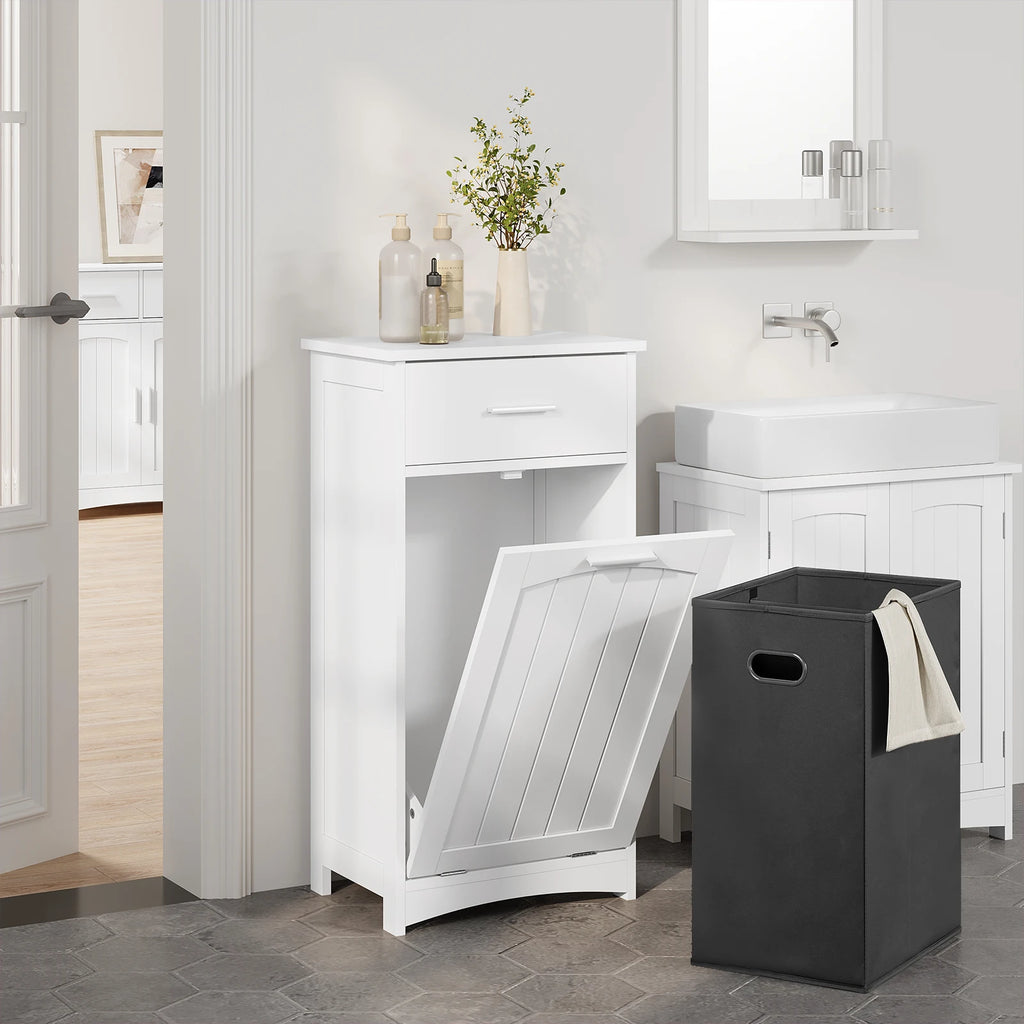 White Bathroom Cabinet with Fold-out Laundry Basket 42x82x30cm Slim Clothes Cupboard  Sundries Toilet Storage Racks