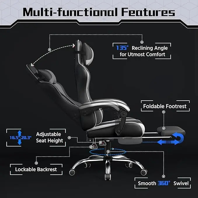 Ergonomic Gaming Chair w/ Massage Lumbar & Footrest - Height-Adjustable, Black/White | AlluCanFind