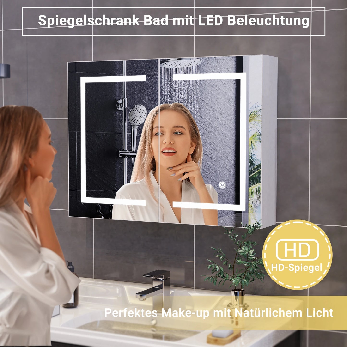 Rosahqnda Bathroom mirror Cabinet with lighting, with LED, HD double door mirror, wall Cabinet, touch sensor switch, White