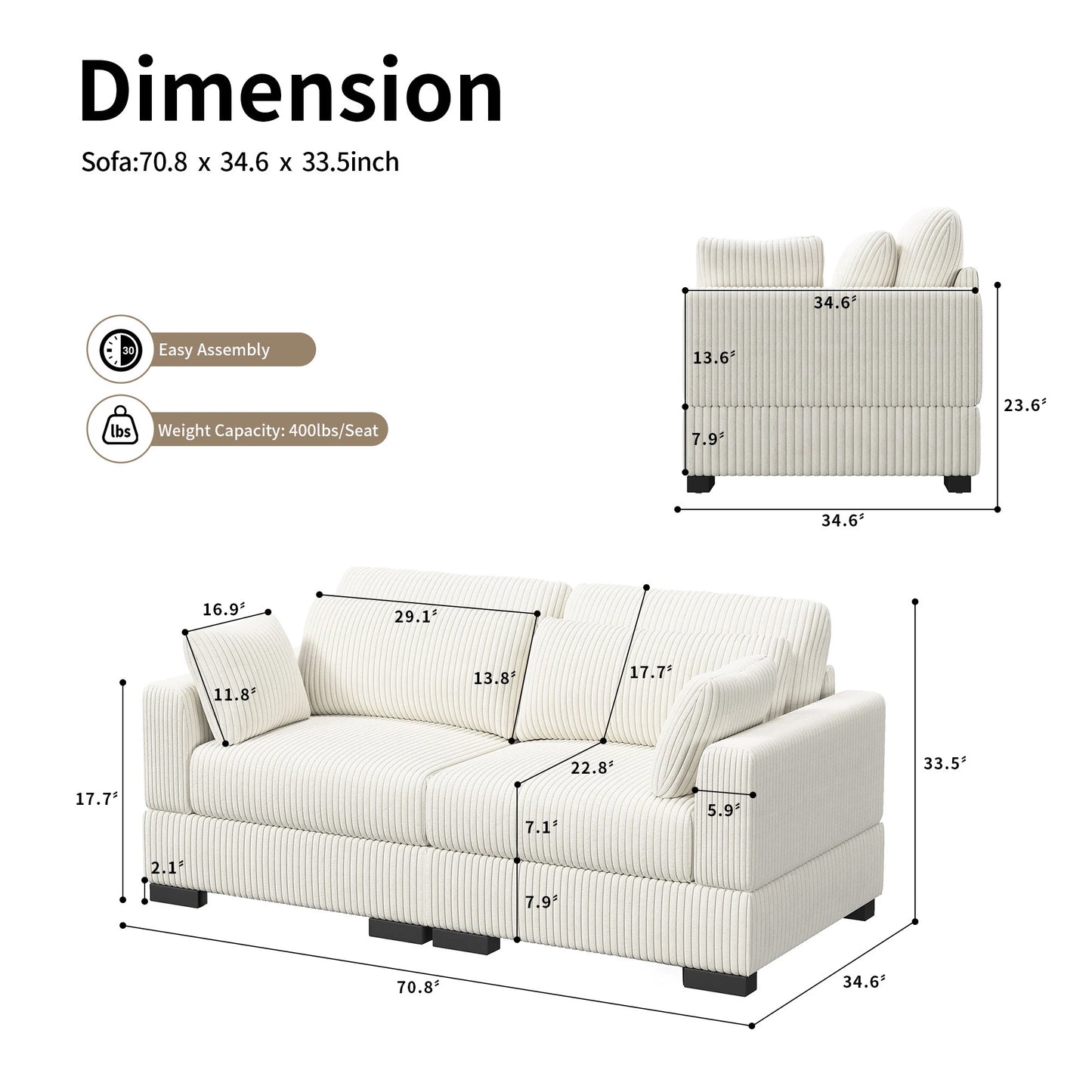 Anajqaqia Modular Sofa Sofa with Cushions, Corner Sofa with Wide Armrests, U-shaped Cord Fabric Sofa