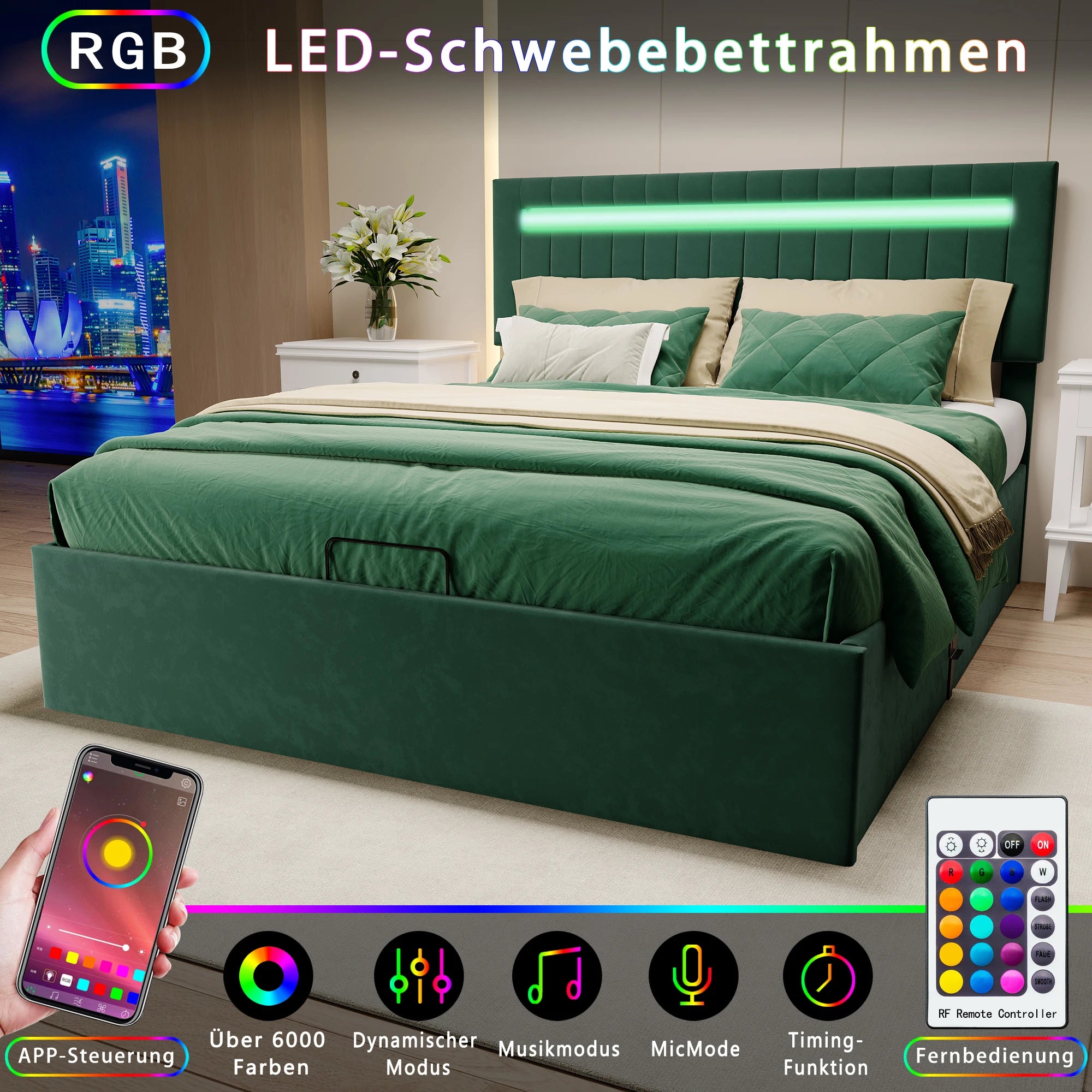 Storage bed 160x200, Double Bed, Upholstered Bed with Bed Box, LED Lighting Green Velvet Storage, Adjustable Height Headboard
