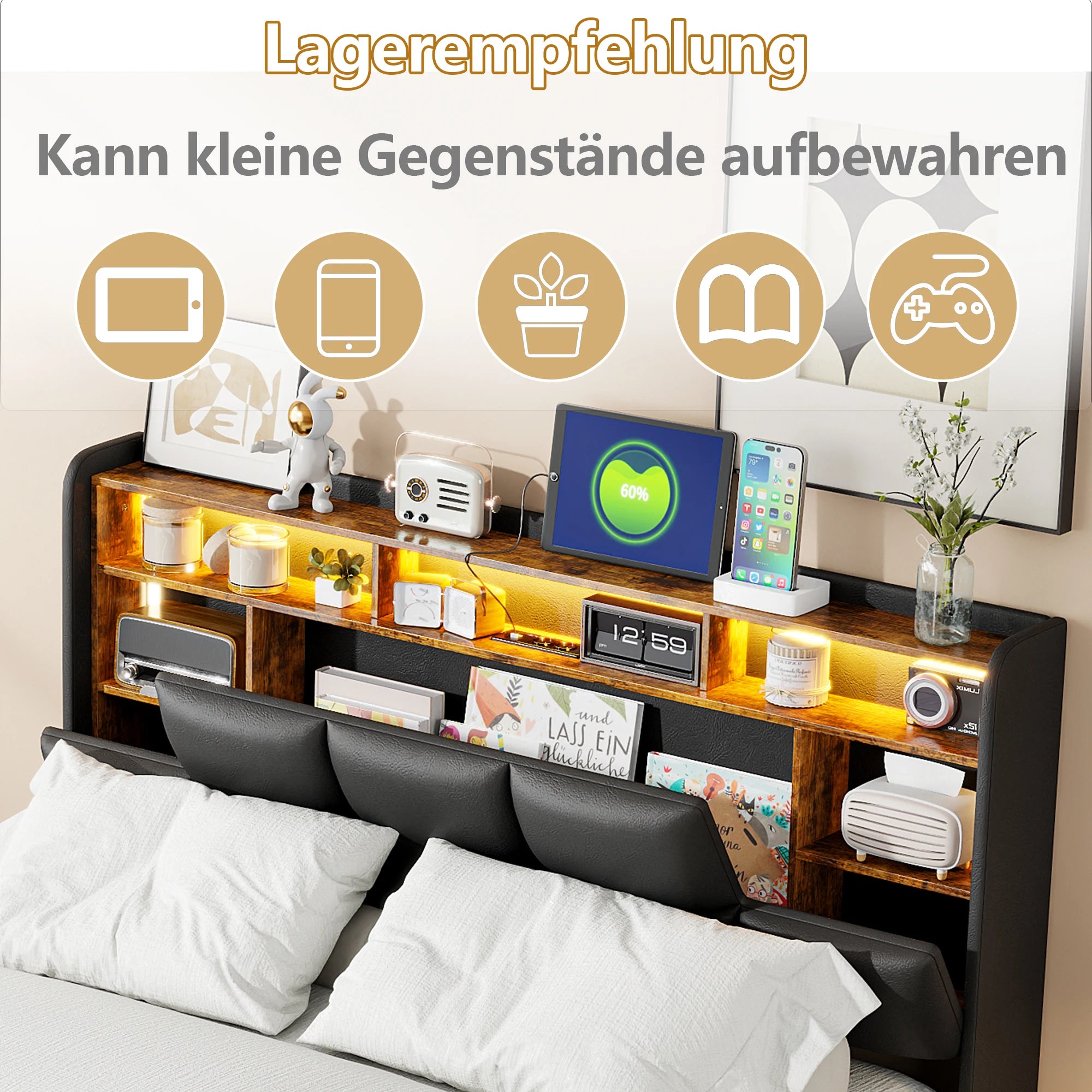 Wooden Aura Double bed, upholstery bed 140x200 cm, 160x200 cm, LED bed frame, bed frame and slatted frame, headboard, youth bed