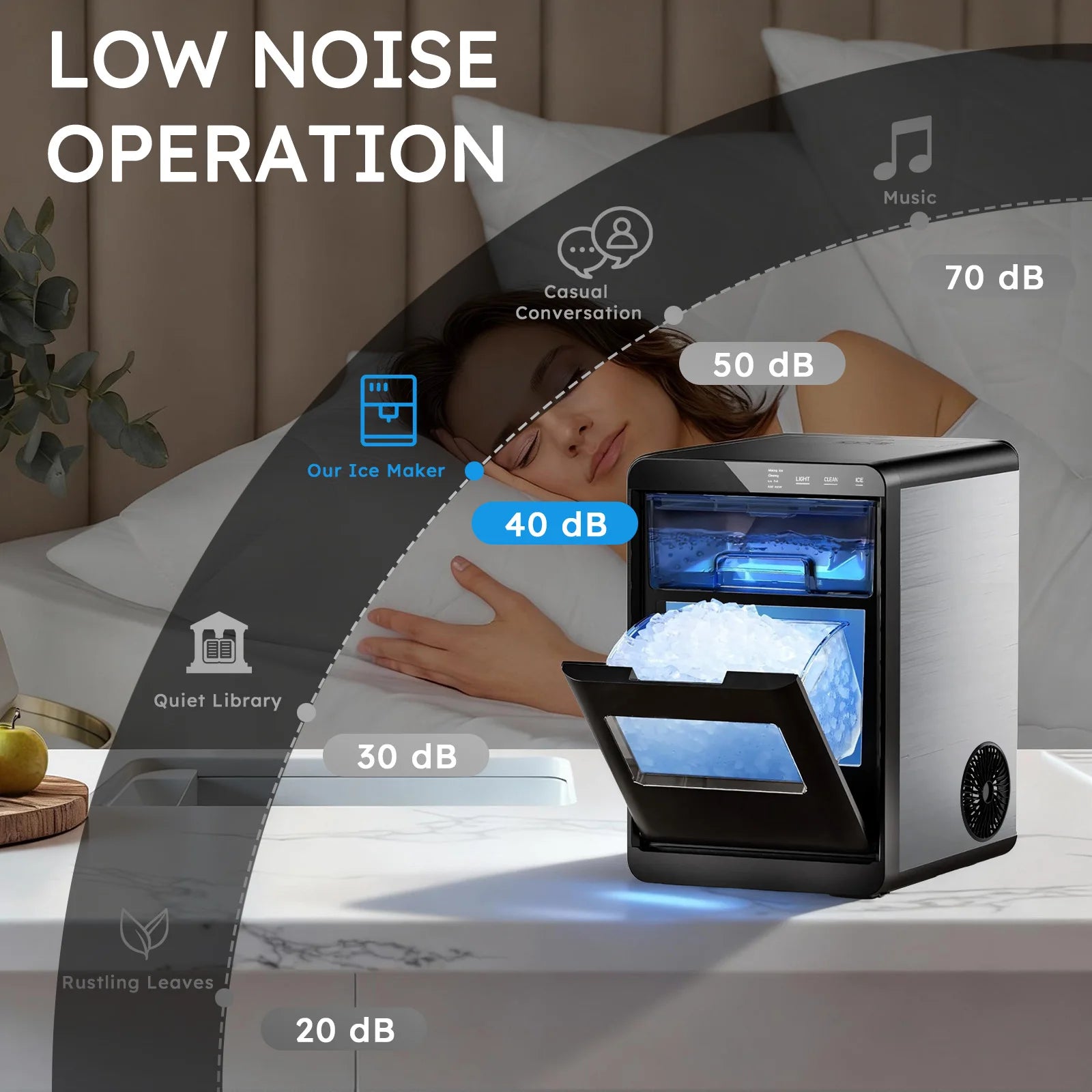 Nugget Ice Maker Countertop 44bs/24H Self-Cleaning Chewable Pellet Ice Machine with Ice Scoop & Basket for Home/Kitchen/Party