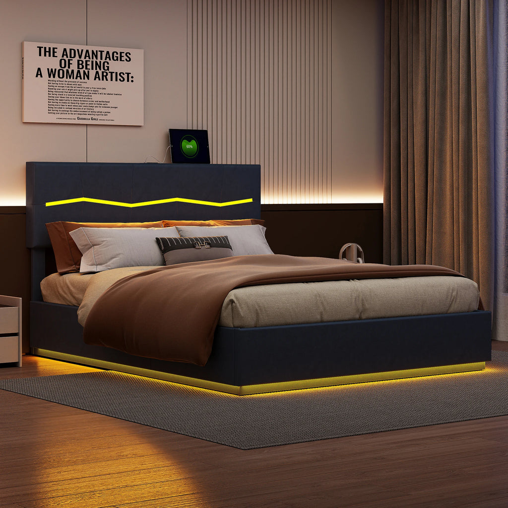 Wooden Aura 140/160/180x200cm Upholstered bed Double Bed Hydraulic Functional bed PU Height Adjustable Headboard
